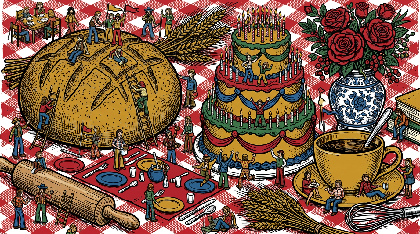 Illustration on a red checkered cloth of a giant sourdough loaf, a tiered birthday cake, a vase of roses and a coffee cup, with tiny people climbing on them