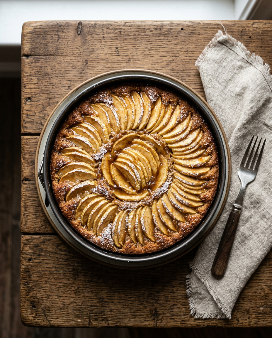 Apple cake with fanned apple slices in a round tin