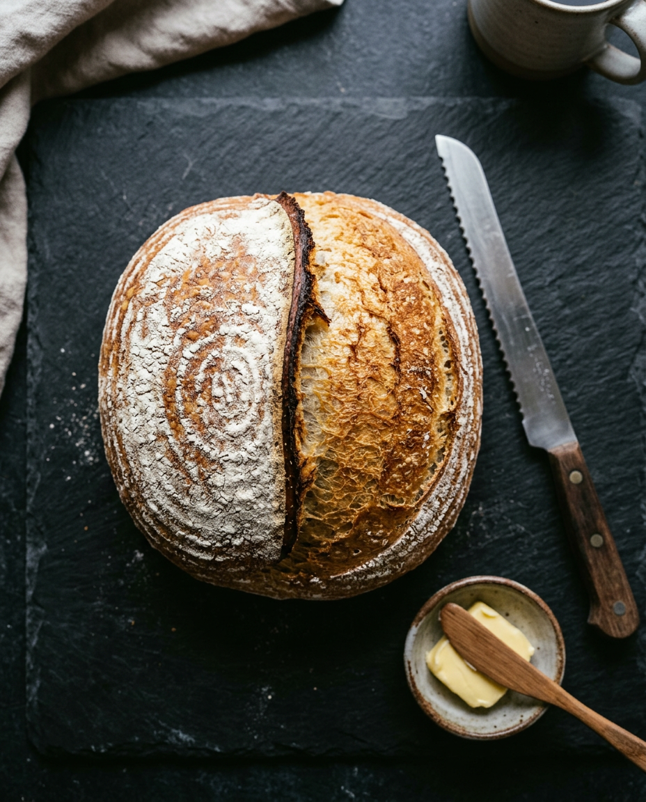 Round country sourdough loaf on a slate board with butter and a bread knife
