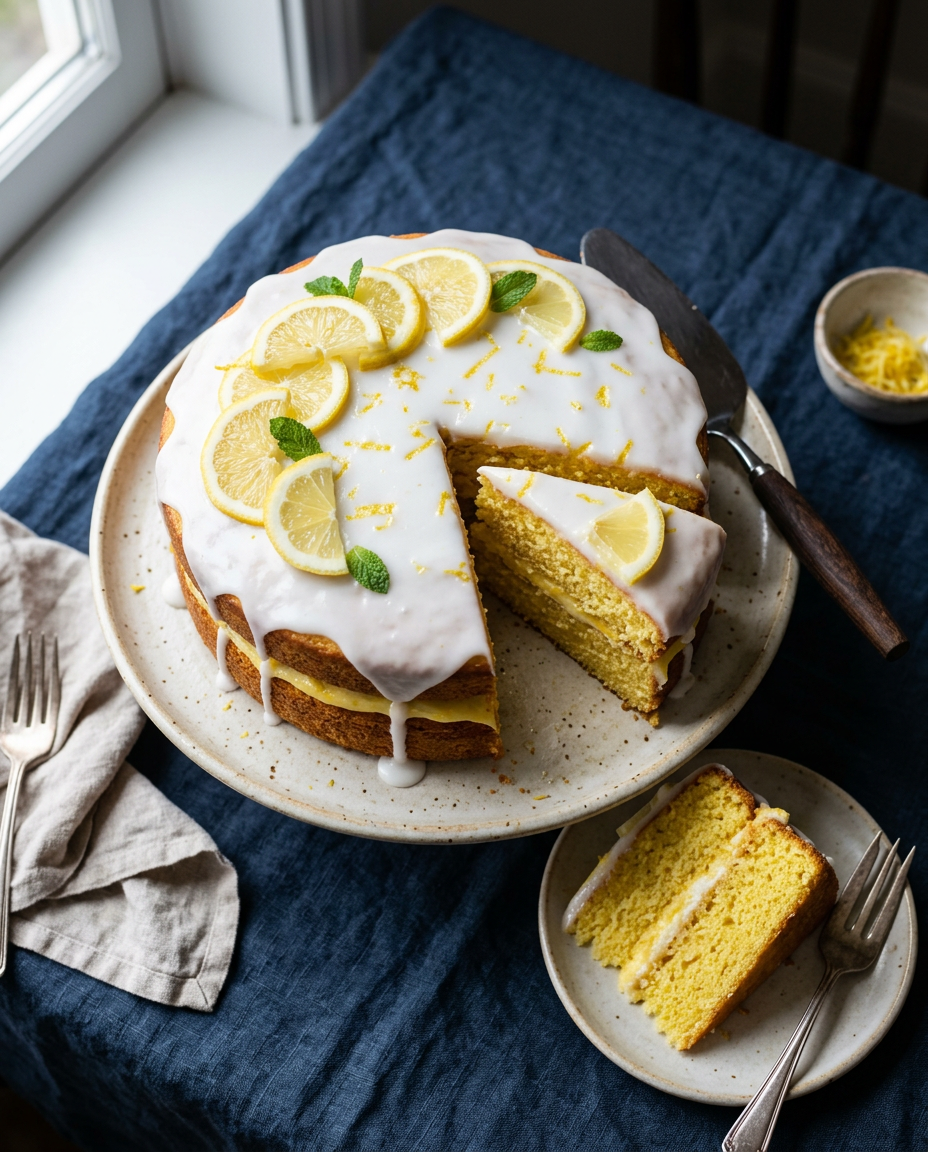 Glazed lemon cake with lemon slices and mint, one slice cut
