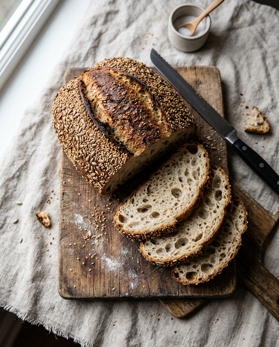 Seeded sourdough loaf with three slices on a wooden board