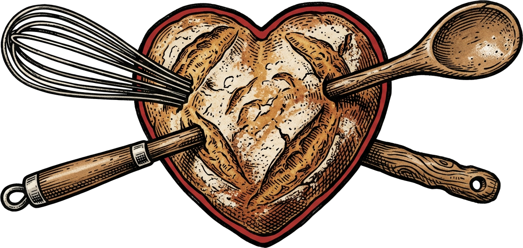 Illustration of a heart-shaped loaf crossed by a whisk and a wooden spoon