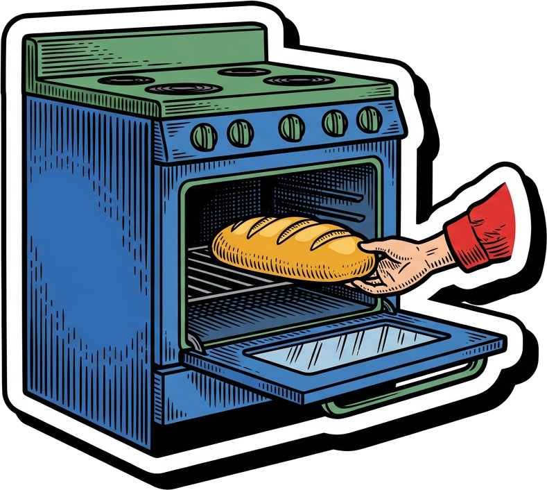 Illustration of a blue oven with a hand pulling out a golden loaf