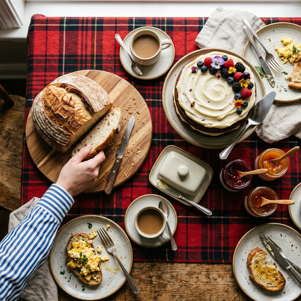 A table from above with a sliced sourdough loaf, a frosted cake with berries, jam, coffee and plates on a red plaid cloth